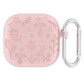 AirPods 4 Flower Pattern Liquid Silicone Case w. Carabiner - Light Pink