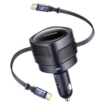 Baseus Enjoyment Max Car Charger - 60W Dual USB-C Retractable Cables, Rotatable Design - Black