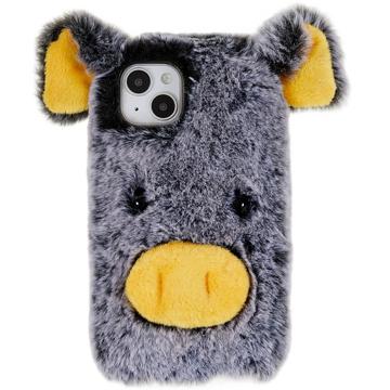 Fluffy Plush iPhone 14 Plus Hibridna Maska - Siva Svinja