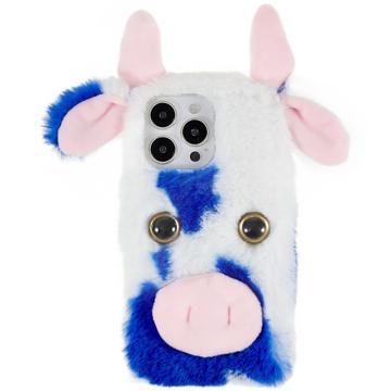 Fluffy Plush iPhone 14 Pro Hibridna Maska - Plava Kravica