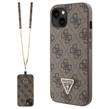 iPhone 15 Guess 4G Strass Triangle Metal Logo Maska sa Crossbody Kaišem - Braon