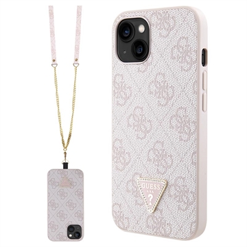 iPhone 15 Guess 4G Strass Triangle Metal Logo Maska sa Crossbody Kaišem - Roze