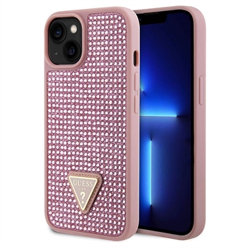 iPhone 15 Guess Rhinestones Triangle Metal Logo Maska - Roze