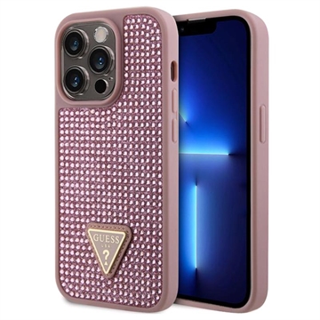 iPhone 15 Pro Guess Rhinestones Triangle Metal Logo Maska - Roze