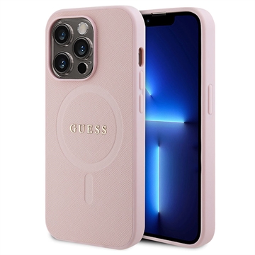 iPhone 15 Pro Guess Saffiano Hibridna Maska - MagSafe Kompatibilnost - Roze