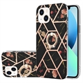 iPhone 15 Marble Pattern IMD TPU Maska sa Prstenom - Crna