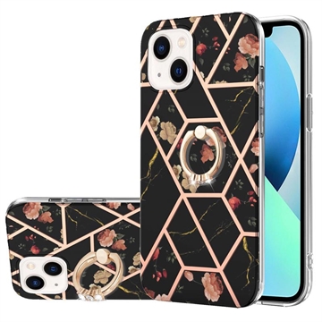 iPhone 15 Marble Pattern IMD TPU Maska sa Prstenom - Crna