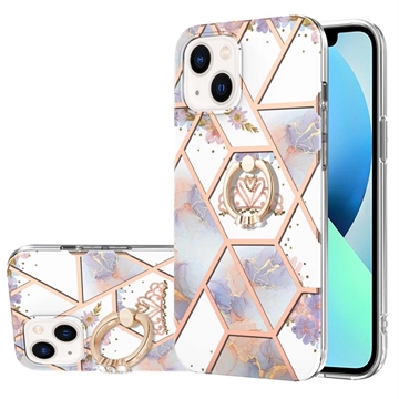 iPhone 15 Marble Pattern IMD TPU Maska sa Prstenom - Ljubičasta / Bela