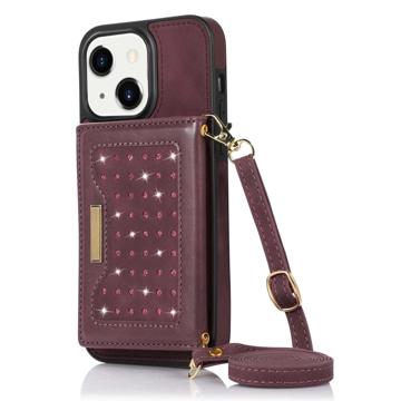 Rhinestone Decor iPhone 14 Plus Maska sa Novčanikom - Boja Vina