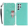 Samsung Galaxy S24 Ultra Owl Rhinestone Wallet Case - Cyan