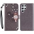 Samsung Galaxy S24 Ultra Owl Rhinestone Wallet Case - Grey