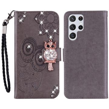 Samsung Galaxy S24 Ultra Owl Rhinestone Wallet Case - Grey