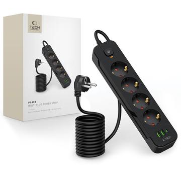 Tech-Protect PCL4X3 Power Socket - 4 Sockets with 2 USB-A & 1 USB-C, 200cm Cable - Black