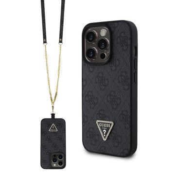 iPhone 15 Pro Guess 4G Strass Triangle Metal Logo Maska sa Crossbody Kaišem - Crna