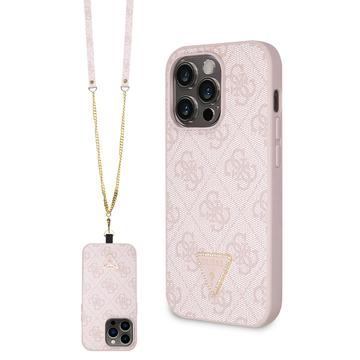 iPhone 15 Pro Guess 4G Strass Triangle Metal Logo Maska sa Crossbody Kaišem - Roze