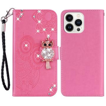 iPhone 15 Pro Max Owl Rhinestone Wallet Case - Hot Pink