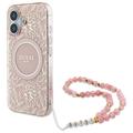 iPhone 16 Guess IML Flowers Allover Electro Case with Pearl Strap - MagSafe Compatible