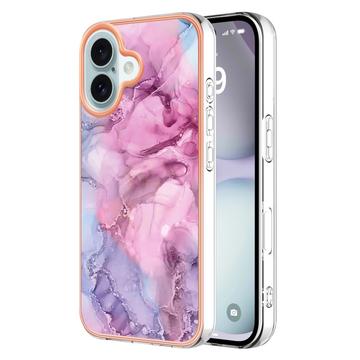 iPhone 16 Marble Pattern Galvanizirana IMD TPU Futrola - Plava / Roze