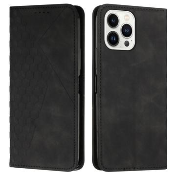 iPhone 16 Pro Max Rhombus Pattern Wallet Case with Magnetic Closure - Black